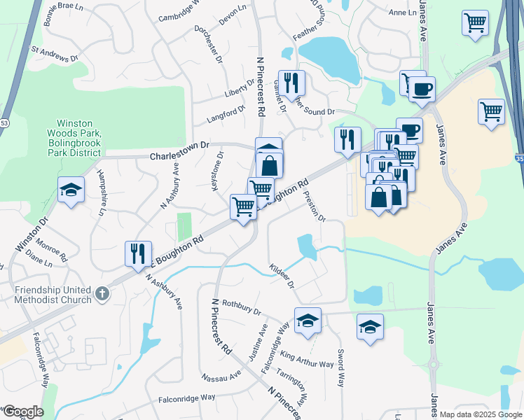 map of restaurants, bars, coffee shops, grocery stores, and more near 5 East Boughton Road in Bolingbrook