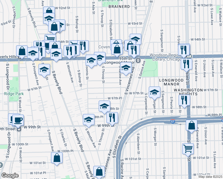 map of restaurants, bars, coffee shops, grocery stores, and more near 1229 West 97th Street in Chicago