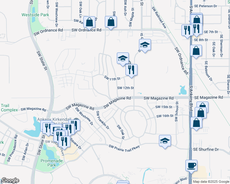 map of restaurants, bars, coffee shops, grocery stores, and more near 1206 Southwest Elm Street in Ankeny