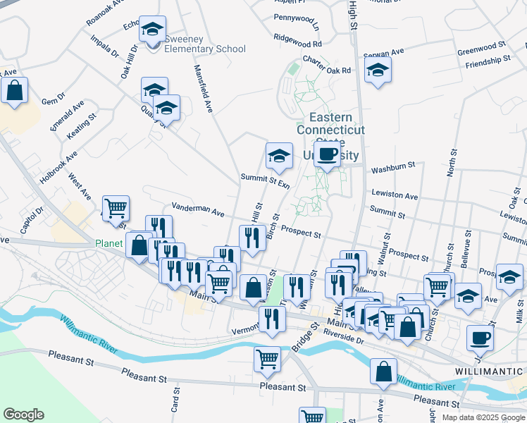 map of restaurants, bars, coffee shops, grocery stores, and more near 191 Ivan Hill Street in Windham