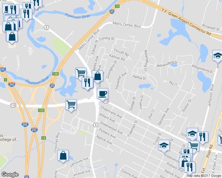 map of restaurants, bars, coffee shops, grocery stores, and more near 126 Covington Drive in Warwick