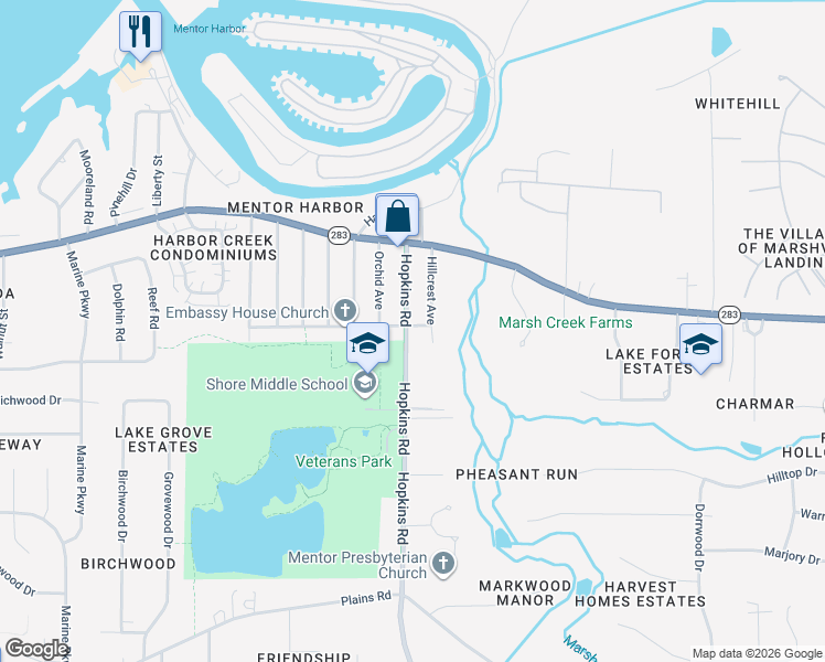 map of restaurants, bars, coffee shops, grocery stores, and more near 5627 Hopkins Road in Mentor