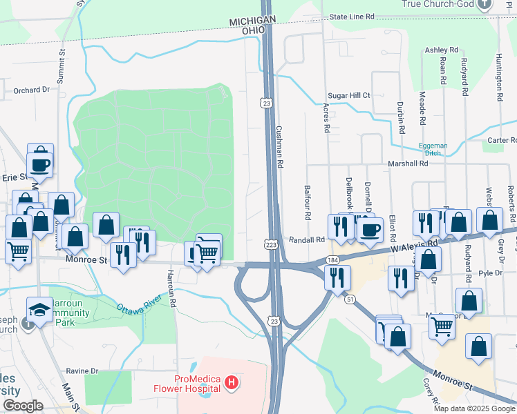 map of restaurants, bars, coffee shops, grocery stores, and more near 6044 Glenmore Road in Sylvania