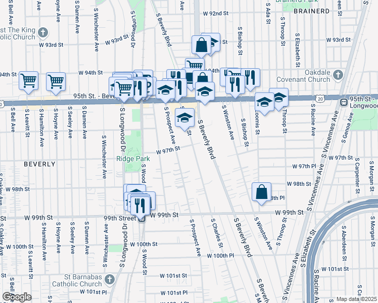 map of restaurants, bars, coffee shops, grocery stores, and more near 9708 South Charles Street in Chicago