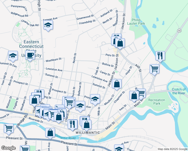 map of restaurants, bars, coffee shops, grocery stores, and more near 77 Lewiston Avenue in Windham