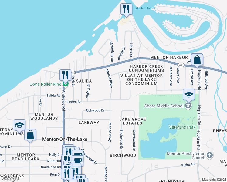 map of restaurants, bars, coffee shops, grocery stores, and more near 5645 Marine Parkway in Mentor-on-the-Lake
