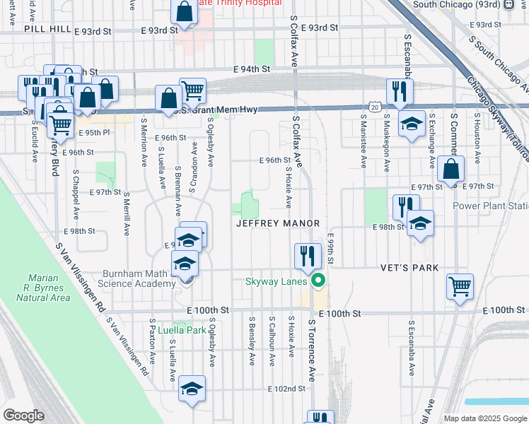 map of restaurants, bars, coffee shops, grocery stores, and more near 2525 East 97th Place in Chicago