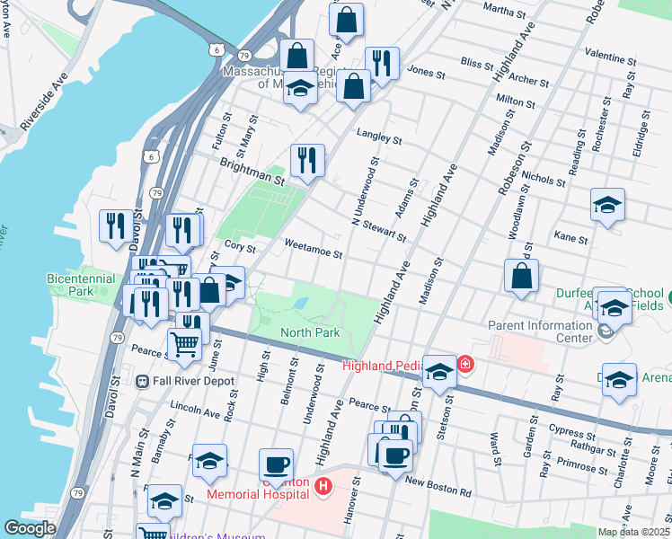 map of restaurants, bars, coffee shops, grocery stores, and more near 376 N Underwood St in Fall River