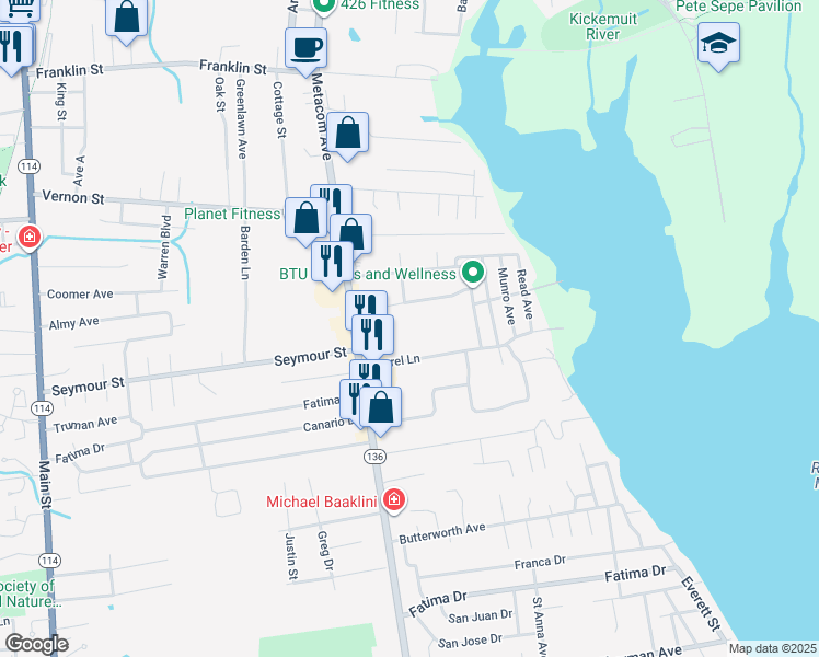 map of restaurants, bars, coffee shops, grocery stores, and more near 36 3rd Street in Warren