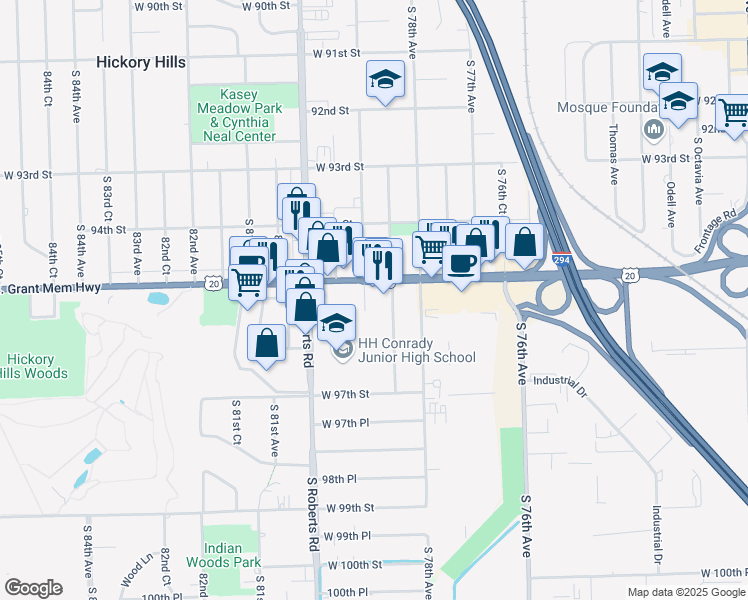 map of restaurants, bars, coffee shops, grocery stores, and more near 7831 West 95th Street in Hickory Hills