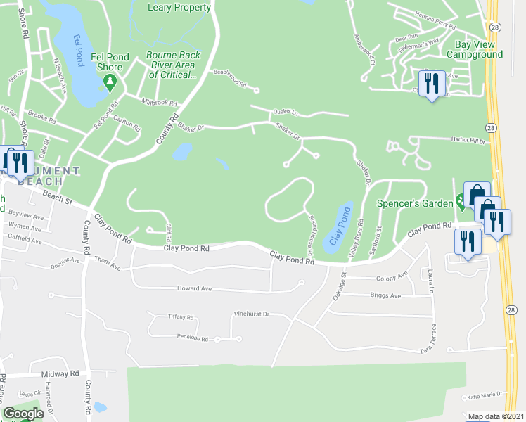 map of restaurants, bars, coffee shops, grocery stores, and more near 51 Round House Road in Bourne
