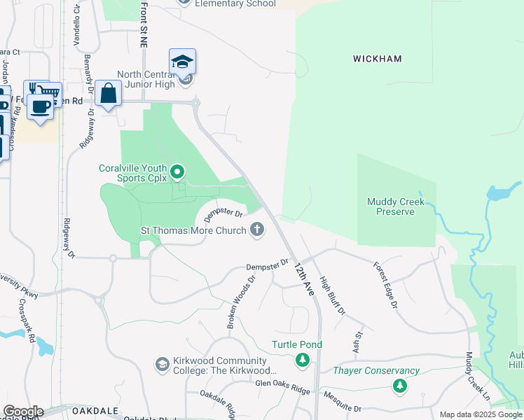 map of restaurants, bars, coffee shops, grocery stores, and more near 3000 12th Avenue in Coralville