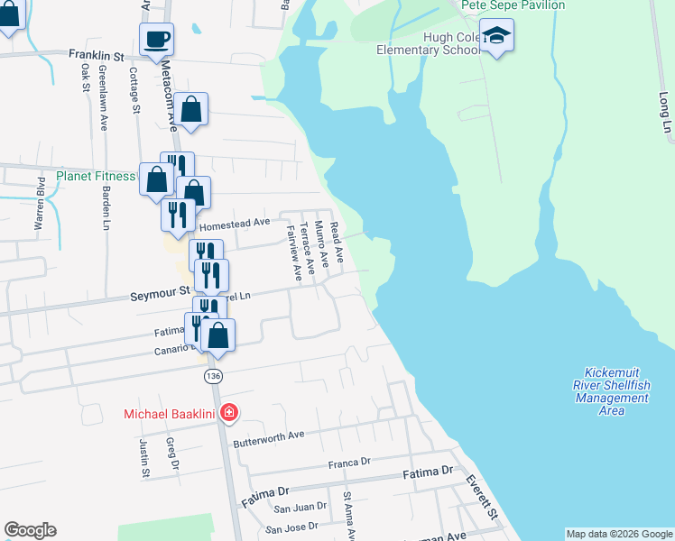 map of restaurants, bars, coffee shops, grocery stores, and more near 46 Laurel Ln in Warren