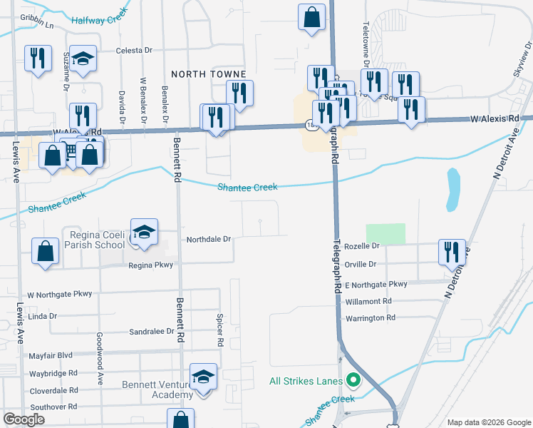 map of restaurants, bars, coffee shops, grocery stores, and more near 5542 Ashdale Court in Toledo