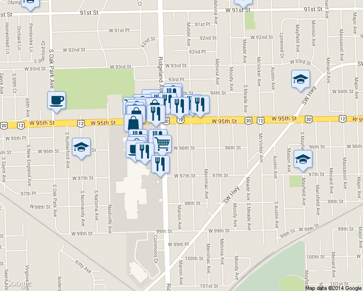 map of restaurants, bars, coffee shops, grocery stores, and more near 9549 Marion Avenue in Oak Lawn