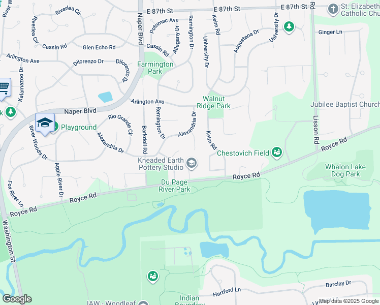 map of restaurants, bars, coffee shops, grocery stores, and more near 2423 Thaxton Court in Naperville