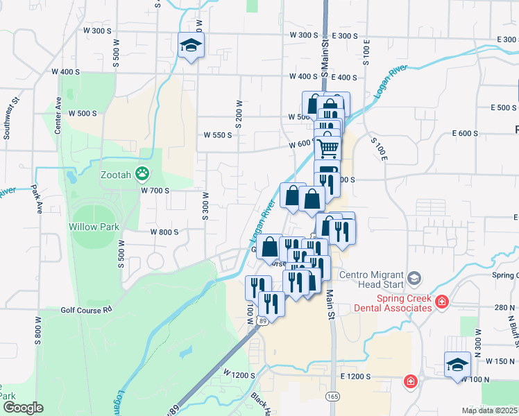 map of restaurants, bars, coffee shops, grocery stores, and more near 784 South Riverwalk Parkway in Logan