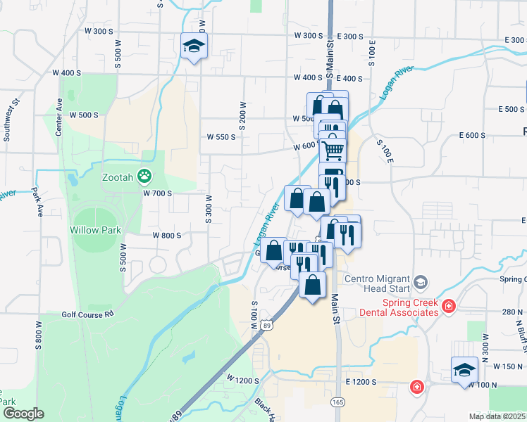 map of restaurants, bars, coffee shops, grocery stores, and more near 784 South Riverwalk Parkway in Logan