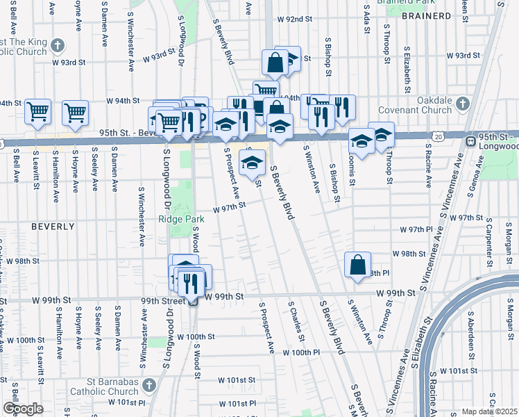 map of restaurants, bars, coffee shops, grocery stores, and more near 9708 South Charles Street in Chicago