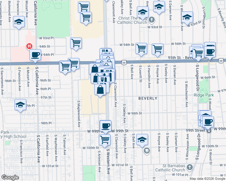 map of restaurants, bars, coffee shops, grocery stores, and more near 9638 South Claremont Avenue in Chicago