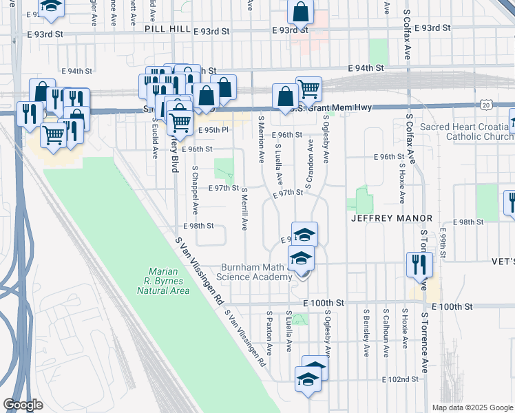 map of restaurants, bars, coffee shops, grocery stores, and more near 9722 S Merrion Ave in Chicago