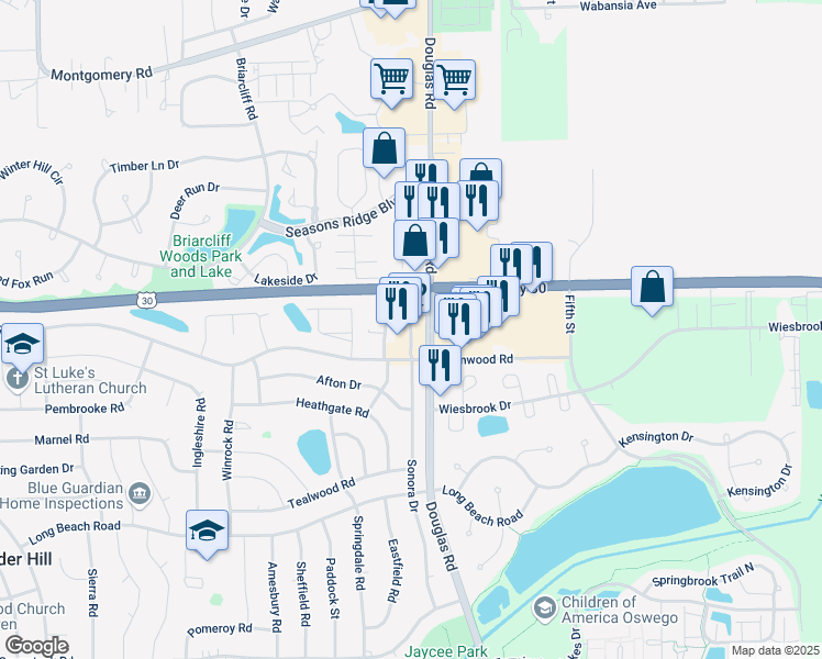 map of restaurants, bars, coffee shops, grocery stores, and more near 34 East Merchants Drive in Oswego