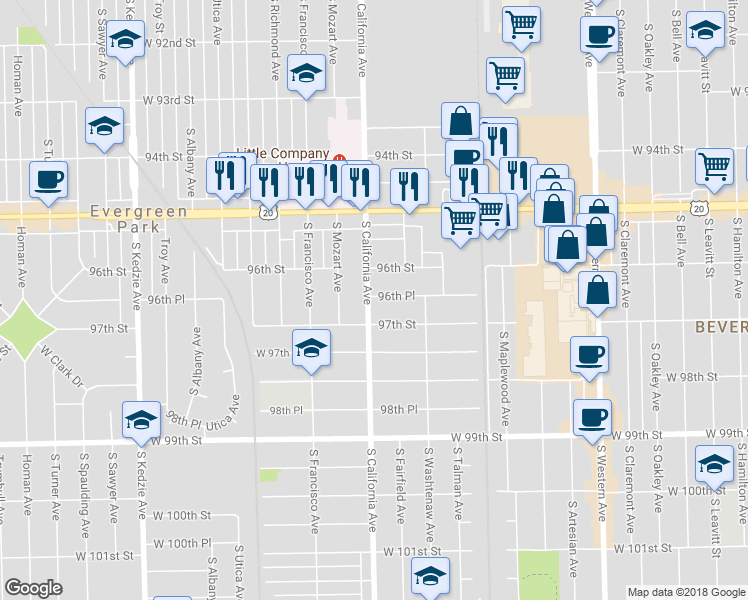 map of restaurants, bars, coffee shops, grocery stores, and more near 9637 South California Avenue in Evergreen Park
