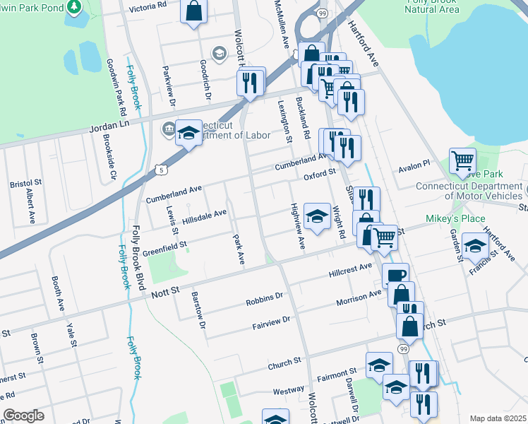 map of restaurants, bars, coffee shops, grocery stores, and more near 144 Wolcott Hill Road in Wethersfield