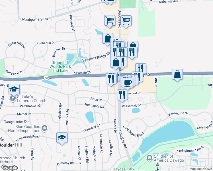 map of restaurants, bars, coffee shops, grocery stores, and more near 17 West Merchants Drive in Oswego
