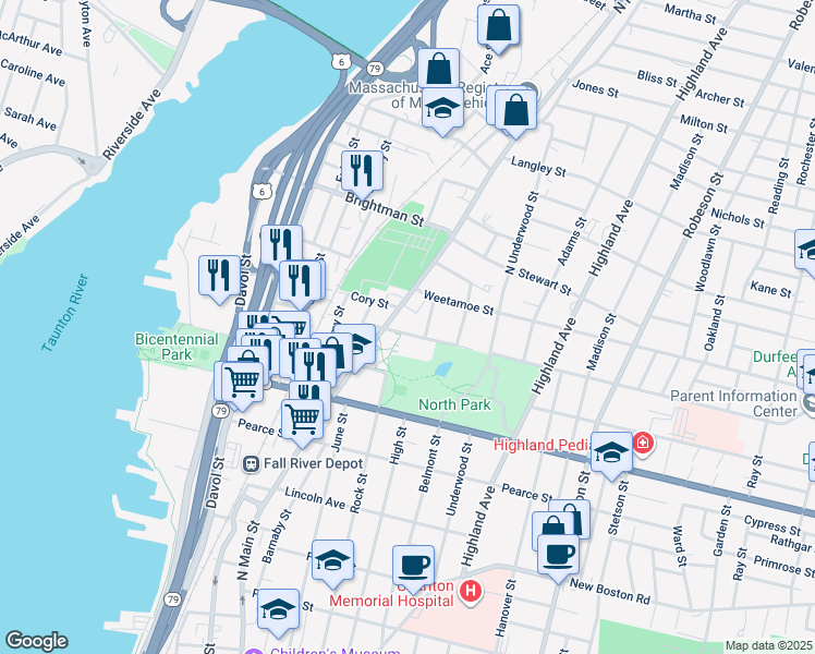 map of restaurants, bars, coffee shops, grocery stores, and more near 100 Hood Street in Fall River