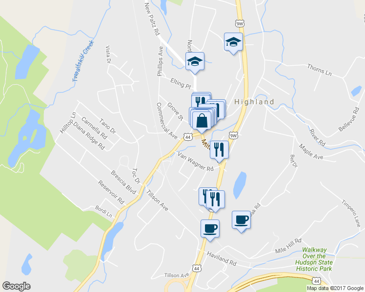 map of restaurants, bars, coffee shops, grocery stores, and more near 120 Vineyard Avenue in Highland