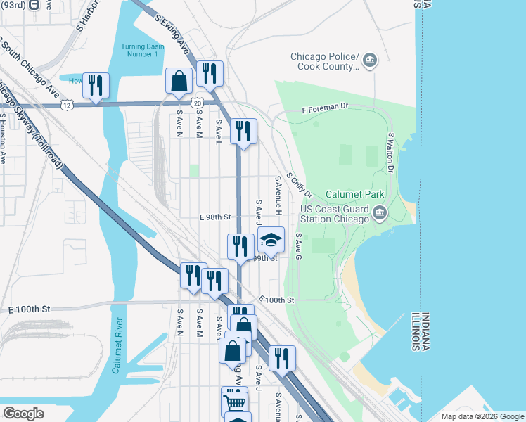 map of restaurants, bars, coffee shops, grocery stores, and more near 9753 South Avenue J in Chicago