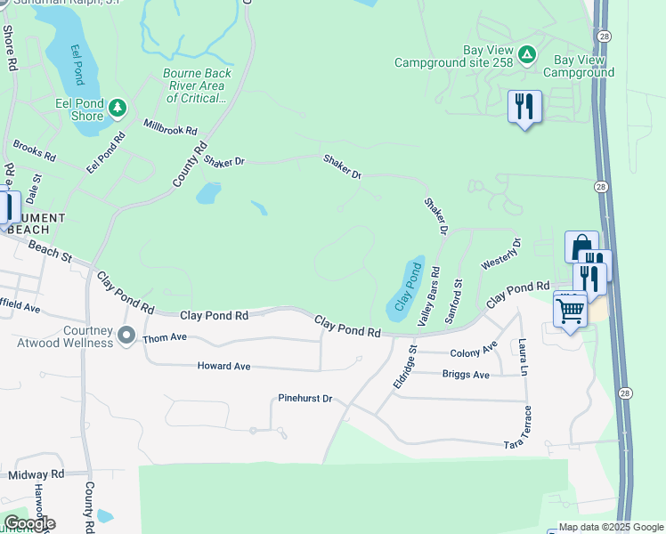 map of restaurants, bars, coffee shops, grocery stores, and more near 63 Round House Road in Bourne