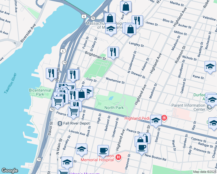 map of restaurants, bars, coffee shops, grocery stores, and more near 1253 North High Street in Fall River