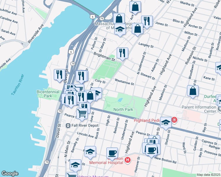 map of restaurants, bars, coffee shops, grocery stores, and more near 100 Hood Street in Fall River
