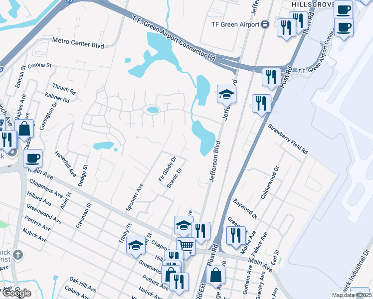 map of restaurants, bars, coffee shops, grocery stores, and more near 25 Red Oak Circle in Warwick