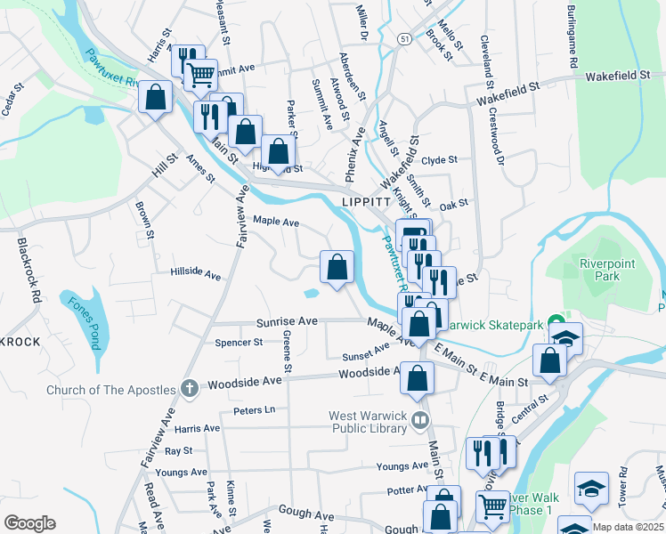 map of restaurants, bars, coffee shops, grocery stores, and more near 57 Maple Avenue in West Warwick