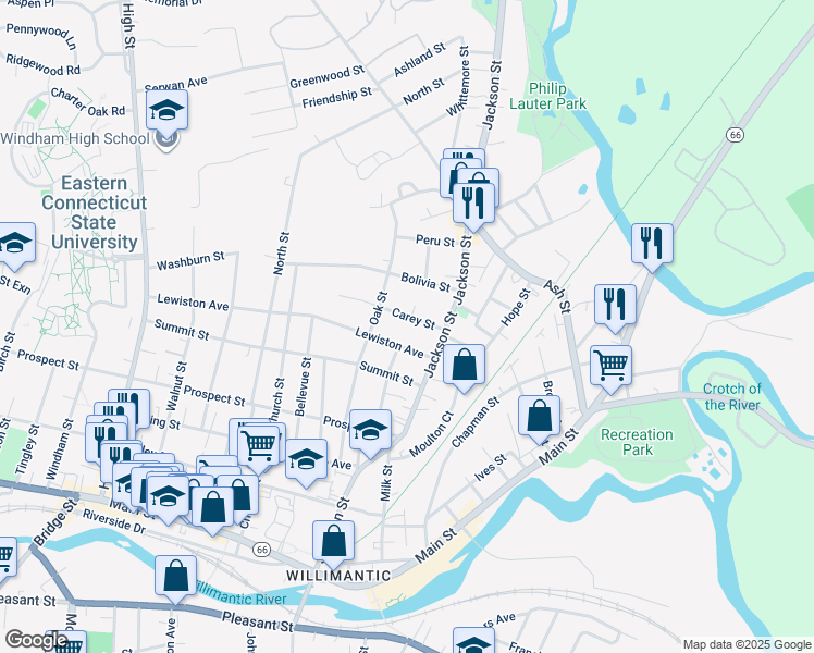 map of restaurants, bars, coffee shops, grocery stores, and more near 20 Carey Street in Windham