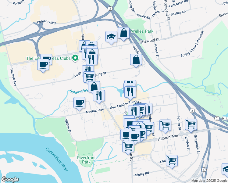 map of restaurants, bars, coffee shops, grocery stores, and more near Crossroads Lane in Glastonbury