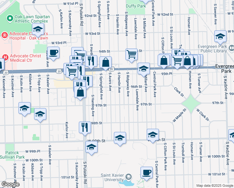 map of restaurants, bars, coffee shops, grocery stores, and more near 9624 South Hamlin Avenue in Evergreen Park
