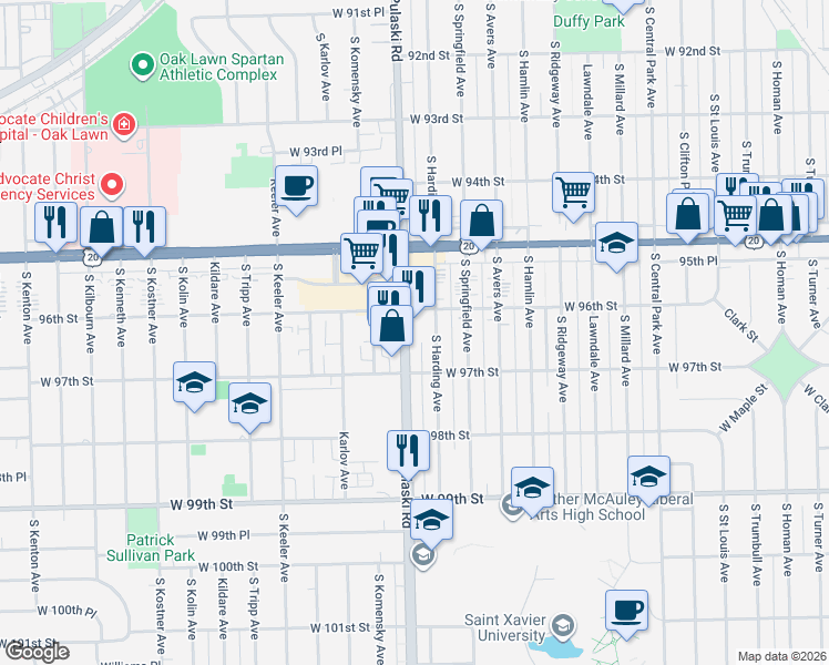 map of restaurants, bars, coffee shops, grocery stores, and more near 9620 South Pulaski Road in Oak Lawn