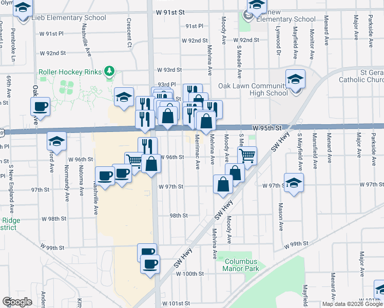 map of restaurants, bars, coffee shops, grocery stores, and more near 9555 Merton Avenue in Oak Lawn