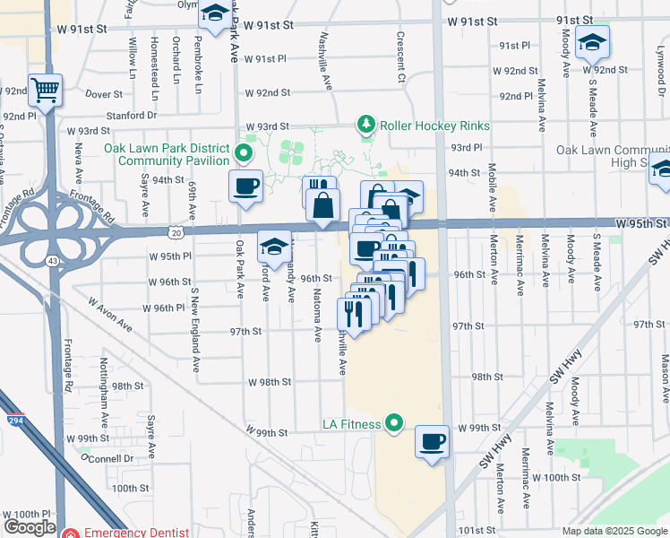 map of restaurants, bars, coffee shops, grocery stores, and more near 9536 Nashville Avenue in Oak Lawn