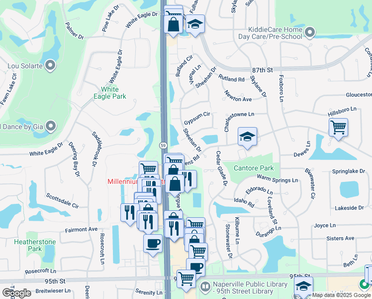 map of restaurants, bars, coffee shops, grocery stores, and more near 2911 Bartlett Court in Naperville