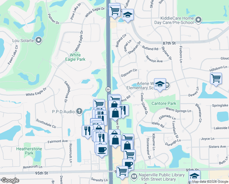 map of restaurants, bars, coffee shops, grocery stores, and more near in Naperville
