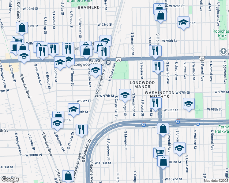 map of restaurants, bars, coffee shops, grocery stores, and more near 9640 South Carpenter Street in Chicago