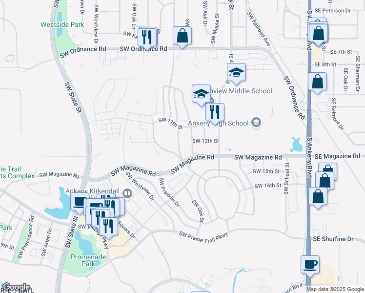 map of restaurants, bars, coffee shops, grocery stores, and more near 1207 Southwest Des Moines Street in Ankeny