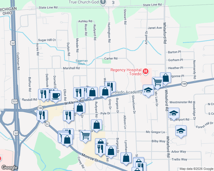 map of restaurants, bars, coffee shops, grocery stores, and more near 5644 Webster Road in Sylvania