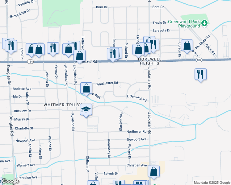 map of restaurants, bars, coffee shops, grocery stores, and more near 1848 E Benwick Rd in Toledo