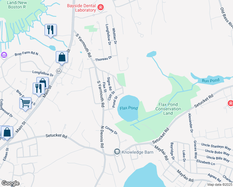 map of restaurants, bars, coffee shops, grocery stores, and more near 32 Cliff Street in Dennis